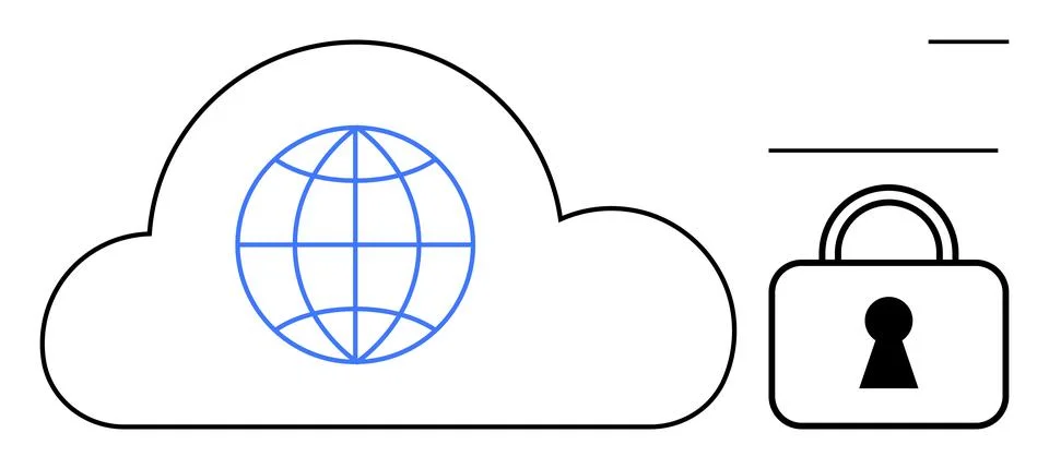 Cloud with globe inside and padlock beside signifying global data security. I Stock Illustration