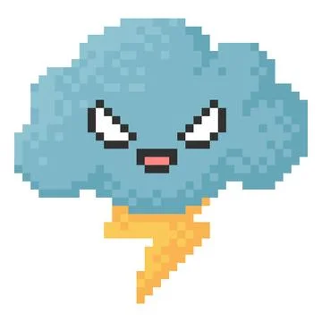 Cloud with glowing lightning bolt pixel art, vector 8 bit angry face kawaii Stock Illustration