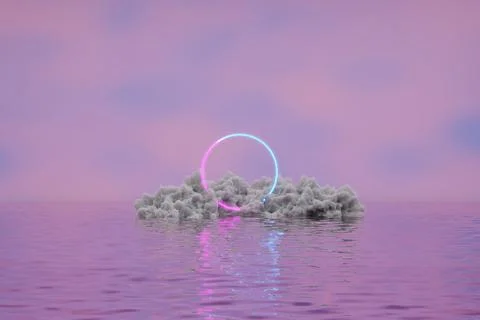 Cloud with glowing neon light on water surface 3D render illustration Stock Illustration