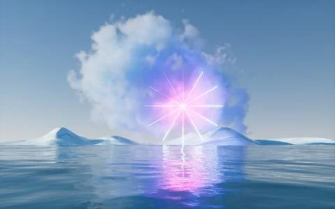 Cloud with glowing neon lines and water surface, 3d rendering. Illustrazione stock