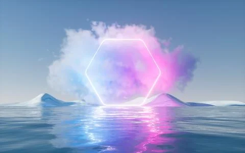 Cloud with glowing neon lines and water surface, 3d rendering. Stock Illustration