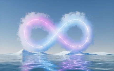 Cloud with glowing neon lines and water surface, 3d rendering. Stock Illustration