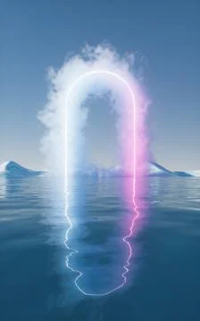 Cloud with glowing neon lines and water surface, 3d rendering. Stockillustratie