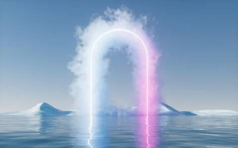 Cloud with glowing neon lines and water surface, 3d rendering. Stockillustratie