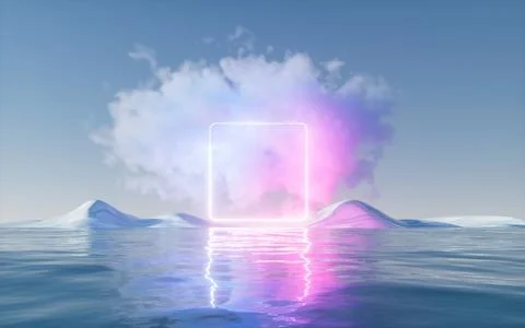 Cloud with glowing neon lines and water surface, 3d rendering. Illustrazione stock