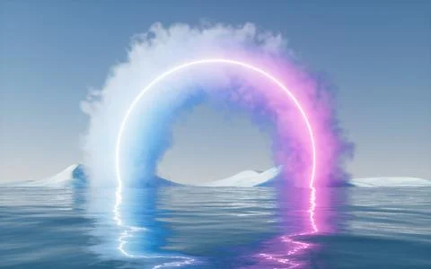 Cloud with glowing neon lines and water surface, 3d rendering. 스톡 일러스트