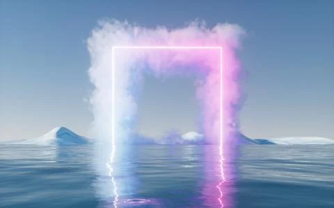 Cloud with glowing neon lines and water surface, 3d rendering. イラスト素材