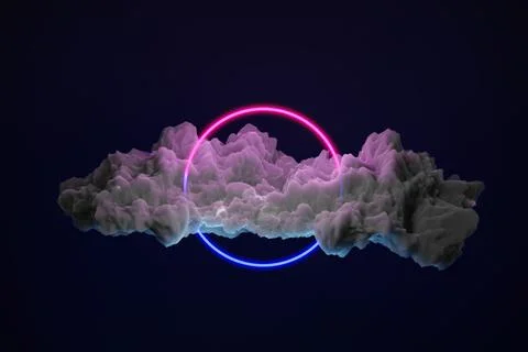 Cloud with glowing round neon light frame 3D render illustration Stock Illustration