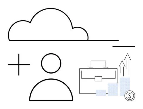 Cloud graphic above user icon accompanied by plus sign, briefcase, stacked co Illustrazione stock
