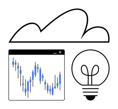 Cloud graphic, chart with blue candlesticks, and light bulb icon symbolize cl Stock Illustration