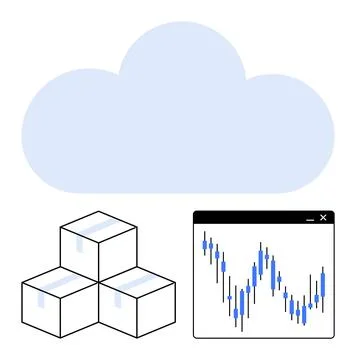 Cloud graphic with three boxes and a data chart representing networked servic Stock Illustration