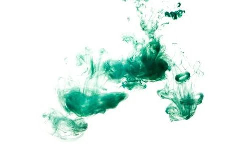 A cloud of green paint released into clear water. Isolate on a white backgrou Stock Photos