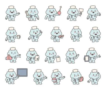 Cloud guide character set nurse hat Illustrazione stock