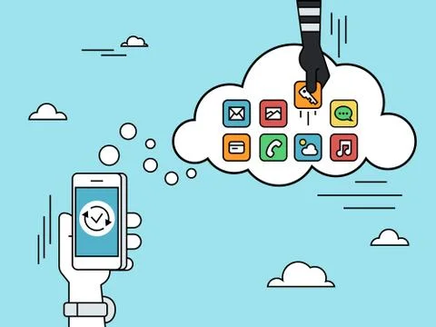 Cloud hacking flat line contour illustration of human hand  withdraws cash Stock Illustration