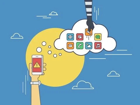 Cloud hacking flat line contour illustration of human hand  withdraws cash Illustrazione stock