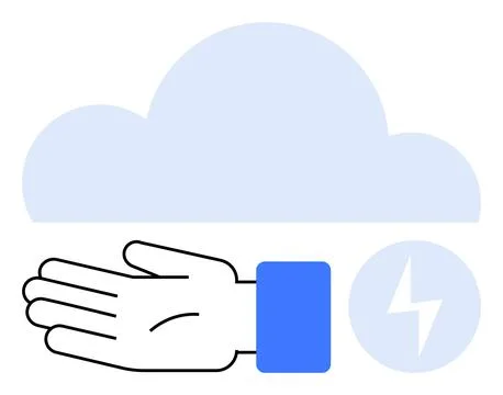 Cloud, hand, and lightning bolt icon. Ideal for cloud computing, energy effic Illustrazione stock