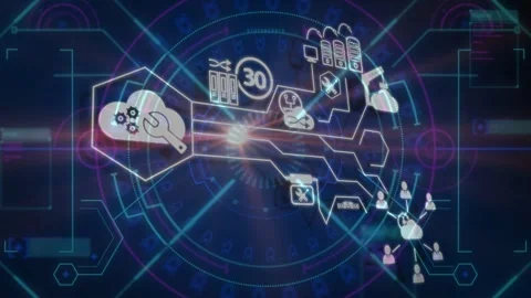 Cloud hexagon sending pulse, extending connector, lighting servers, lock, users, Stock Footage 332704588