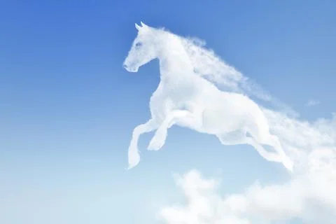 Cloud horse gallops out of a cloud against a blue sky background 스톡 일러스트