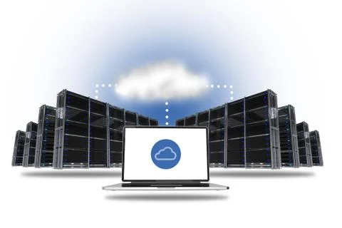 Cloud hosting concept with data centers and laptop computer connected via clo Stock Illustration