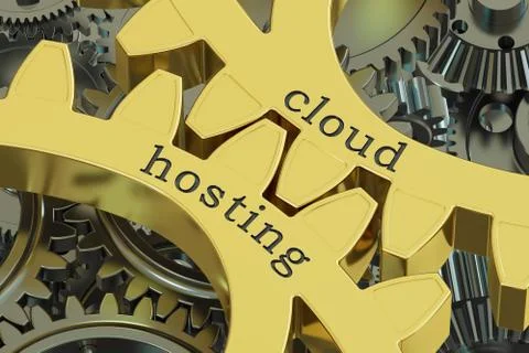 Cloud hosting concept on the gearwheels, 3D rendering Stock Illustration
