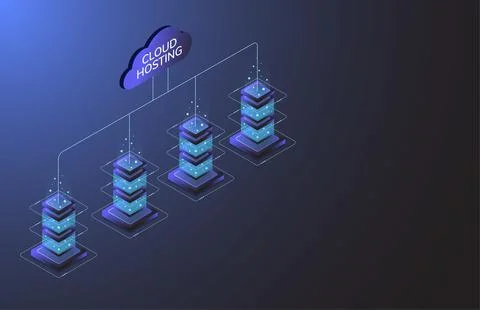 Cloud Hosting. Internet equipment industry. Data transmission technology Illustrazione stock