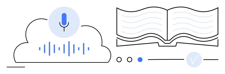 Cloud hosting microphone recording, sound waves, open book, progress indicato Illustrazione stock