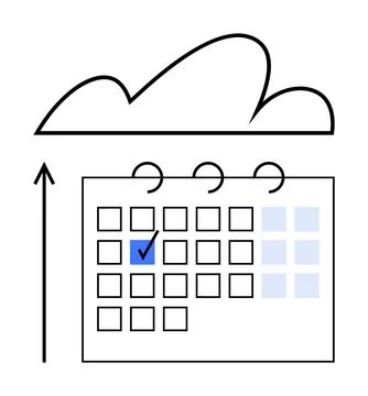 Cloud hovering above calendar with a checkmarked date. Ideal for productivity Stock Illustration