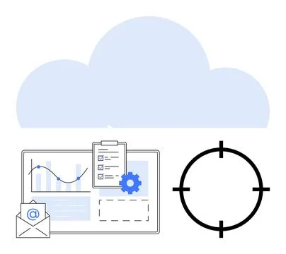 Cloud hovering over analytics dashboard with graph, clipboard, email icon, an イラスト素材