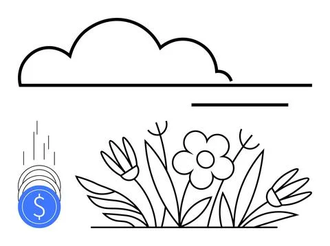 Cloud hovering over blooming flowers with rain of coins symbolizing economic Ilustração Stock