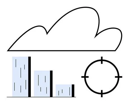 Cloud hovering over three vertical bars representing data with a target symbo Stock Illustration