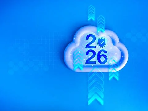 Cloud icon with 2026 year numbers and shield symbol on blue background, rep.. 스톡 사진