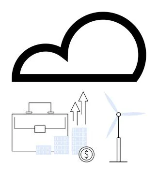 Cloud icon above briefcase, ascending charts, stacked coins, and wind turbine Illustrazione stock