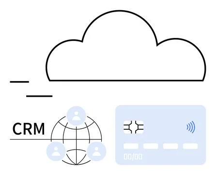 Cloud icon above CRM network with user profiles and payment card. Ideal for S イラスト素材