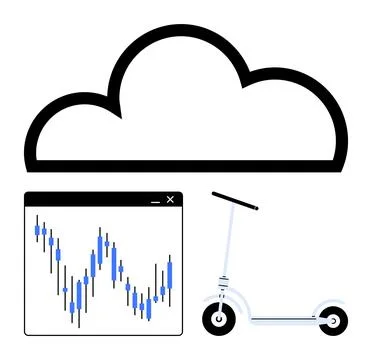 Cloud icon above a data analysis chart and electric scooter. Ideal for cloud  Illustrazione stock