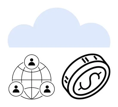 Cloud icon above globe connected with user icons and a coin. Ideal for cloud  库存插图
