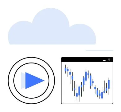 Cloud icon above highlighted play button and stock trading graph in browser w Illustrazione stock