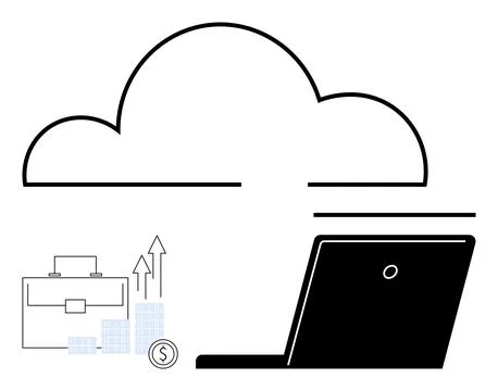 Cloud icon above a laptop, briefcase, and stacked coins with upward graph. Id 스톡 일러스트