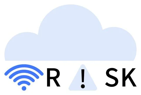 Cloud icon above RISK word with wireless signal replacing R and exclamation w Stock Illustration