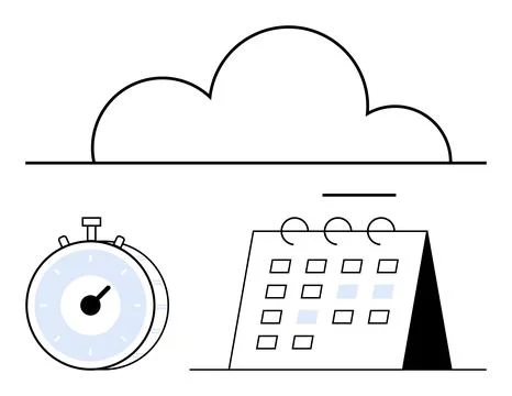 Cloud icon above a stopwatch and calendar visualizing time, scheduling, and o Ilustração Stock
