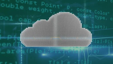 Cloud icon and geometric shapes over spot of light and data processing on blue Stock Footage 329708606