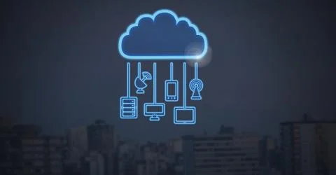 Cloud icon and hanging connection devices with dark city background Stock Illustration