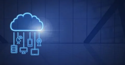 Cloud icon and hanging connection devices and blue background Stock Illustration
