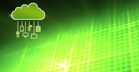 Cloud icon and hanging connection devices with green matrix background Illustrazione stock
