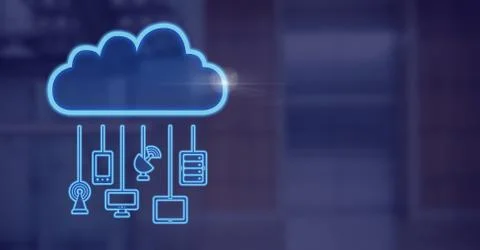 Cloud icon and hanging connection devices with blue background Ilustración de archivo