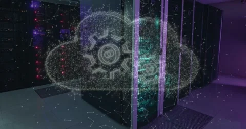 Cloud icon and network of connections floating against computer server room Stock Footage 329221686