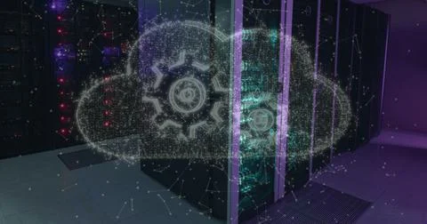 Cloud icon and network of connections floating against computer server room Stockillustratie