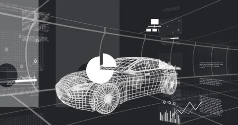 Cloud icon appearing above wireframe car in 3D grid, creating charts and HUDs Stock Footage 329946506