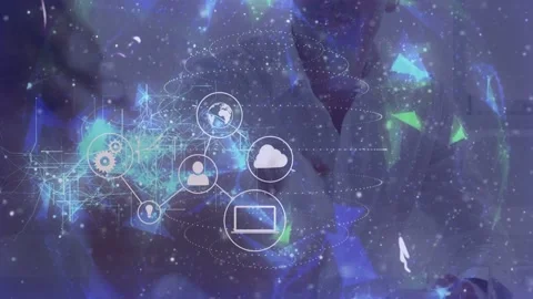 Cloud icon appearing care network expanding linking phone gears showing device Stock Footage 332956021