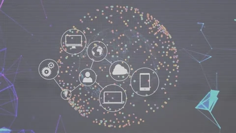Cloud icon appearing at center, node icons animating in, linking devices and Vidéo 334744304