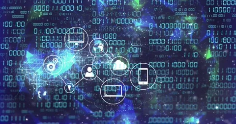Cloud icon appearing center starting icons emerging, devices sliding, lines Stock Footage 328417559